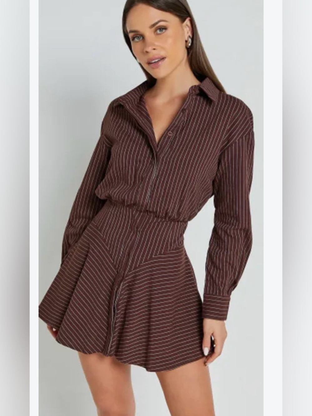 Showpo Whitley Mini Dress Chocolate Pinstripe Long Sleeve Button Front US 4 EUC
